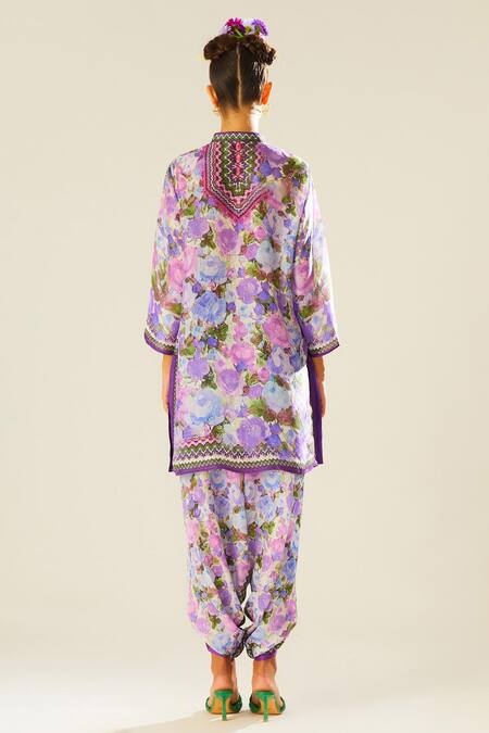 Shop Rajdeep Ranawat Purple Silk Bandeau Neck Reza Printed Kurta at Aza Fashions Shop_Rajdeep Ranawat_Purple Silk Bandeau Neck Reza Printed Kurta_at_Aza_Fashions
