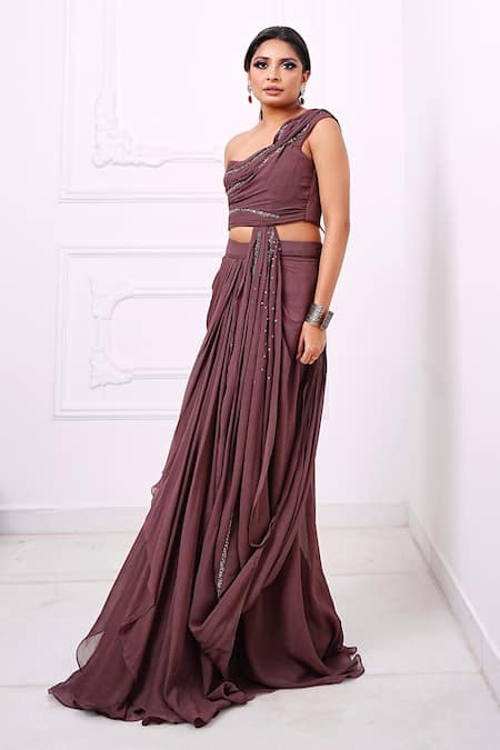 Amrta By Guneet Kondal Brown Hand Embroidered Cocktail Saree Gown 