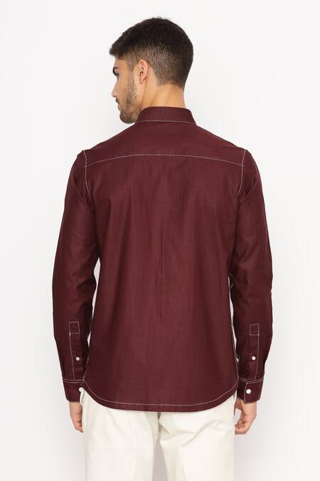 Shop_Lacquer Embassy_Maroon 100% Cotton Solid Olave Shirt _at_Aza_Fashions
