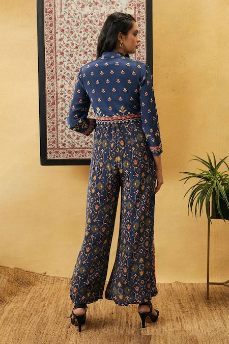 Shop Soup By Sougat Paul Blue Crepe Embroidery, Tassels Mandarin Zahra Printed Jumpsuit With Jacket at Aza Fashions Shop_Soup By Sougat Paul_Blue Crepe Embroidery, Tassels Mandarin Zahra Printed Jumpsuit With Jacket _at_Aza_Fashions