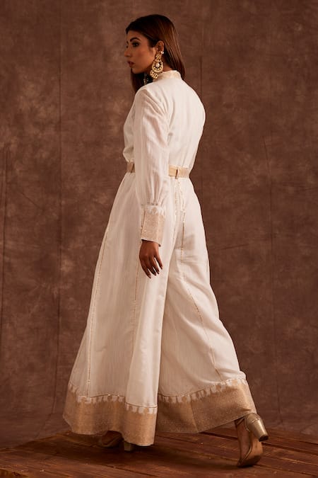 Shop_The Home Affair_White Chanderi Embroidery, Lace Mandarin Banarasi Zari Woven Patterned Jumpsuit _at_Aza_Fashions