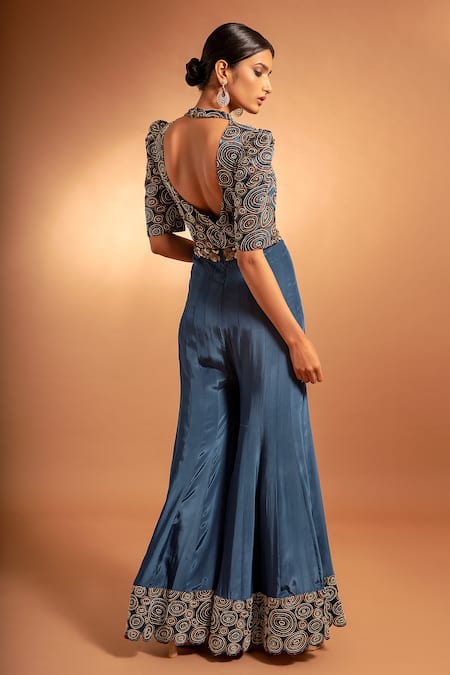 Shop_Sejal Kamdar_Blue Pure Satin Crepe Printed Bodice And Hemline Ajrak Square Jumpsuit  _at_Aza_Fashions