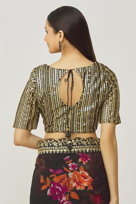 Shop Samyukta Singhania Black Net Sequins, Embroidery Boat Neck Work Blouse at Aza Fashions Shop_Samyukta Singhania_Black Net Sequins, Embroidery Boat Neck Work Blouse _at_Aza_Fashions