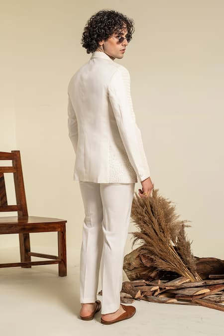 Shop Abkasa Ivory Terrycloth Embroidery Aleppo Geometric Bandhgala And Trouser Set at Aza Fashions Shop_Abkasa_Ivory Terrycloth Embroidery Aleppo Geometric Bandhgala And Trouser Set _at_Aza_Fashions