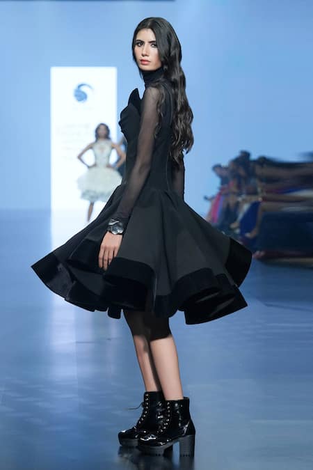 Shop_Saisha Shinde_Black Denim Plain Round High Neck Velvet Full Sleeve Dress  _at_Aza_Fashions