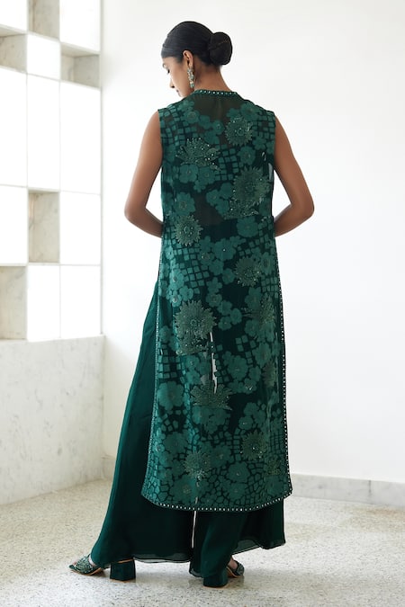 Shop_Mishru_Green Organza Beads V-neck Vera Floral Embroidered Jacket And Flared Pant Set _at_Aza_Fashions