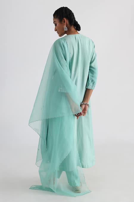 Shop Smriti By Anju Agarwal Green Silk, Organza, Bamboo Mirrors Round Neck Nadine Embroidered Kurta Set at Aza Fashions Shop_Smriti By Anju Agarwal_Green Silk, Organza, Bamboo Mirrors Round Neck Nadine Embroidered Kurta Set _at_Aza_Fashions