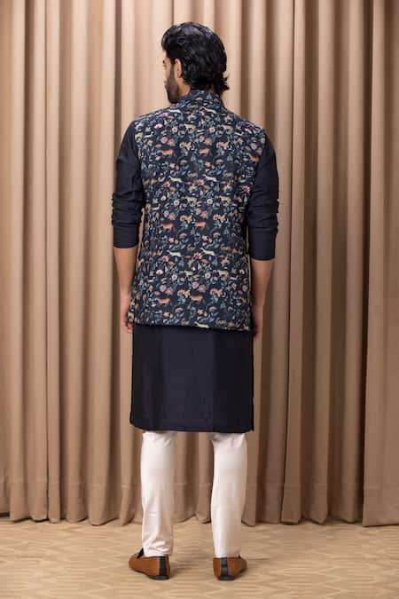 Ankit V Kapoor Navy Blue Floral & Animal Print Nehru Jacket 