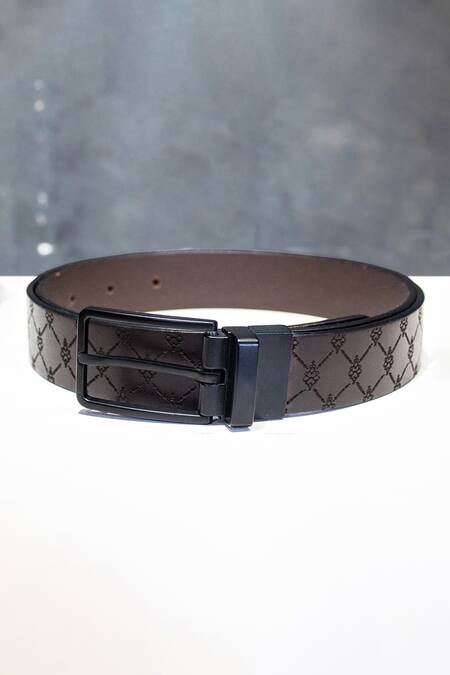 Shop_S&N by Shantnu Nikhil_Brown Embroidery Leather Engraved Belt _at_Aza_Fashions
