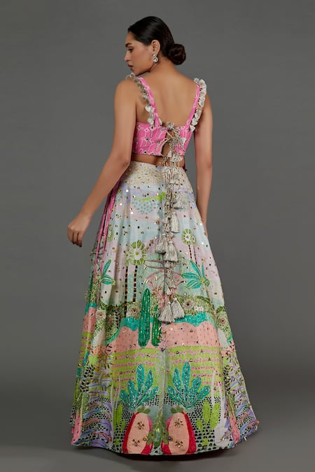 Shop Payal Singhal Pink Net, Georgette, Silk, Denim Embroidery Square Tropical Print Lehenga Set at Aza Fashions Shop_Payal Singhal_Pink Net, Georgette, Silk, Denim Embroidery Square Tropical Print Lehenga Set _at_Aza_Fashions