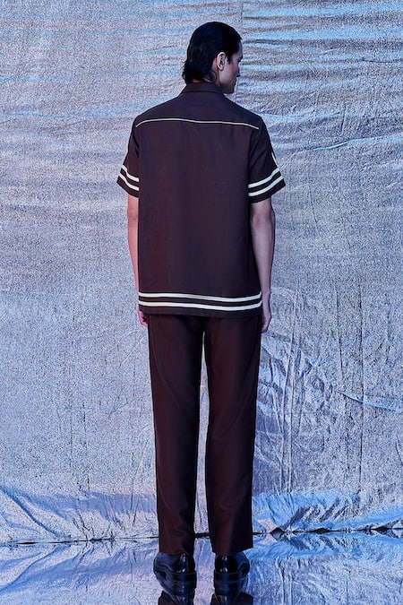 Shop_Line Out Line_Brown Cotton Contrast Stripe Pattern Resort Shirt_at_Aza_Fashions