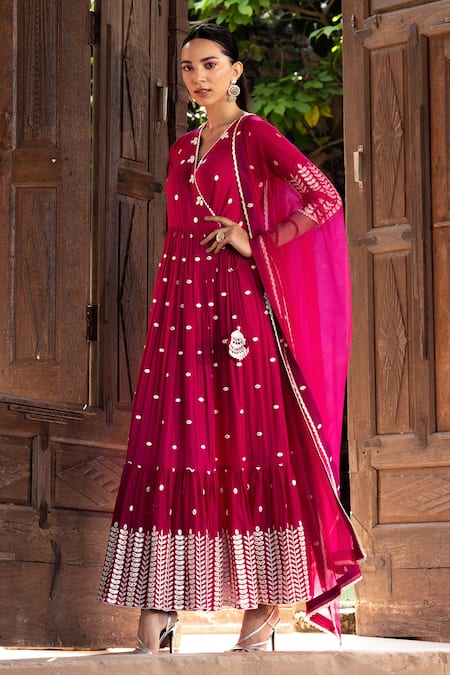 Shop Preevin Red Cotton, Tulle, Net Leaf Thread Work Angrakha Anarkali With Dupatta at Aza Fashions Shop_Preevin_Red Cotton, Tulle, Net Leaf Thread Work Angrakha Anarkali With Dupatta _at_Aza_Fashions
