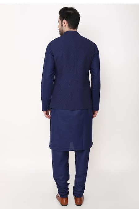 Shop_Manish Nagdeo_Blue Cotton, Silk Navy Dotted Angrakha Bundi Jacket Set _at_Aza_Fashions