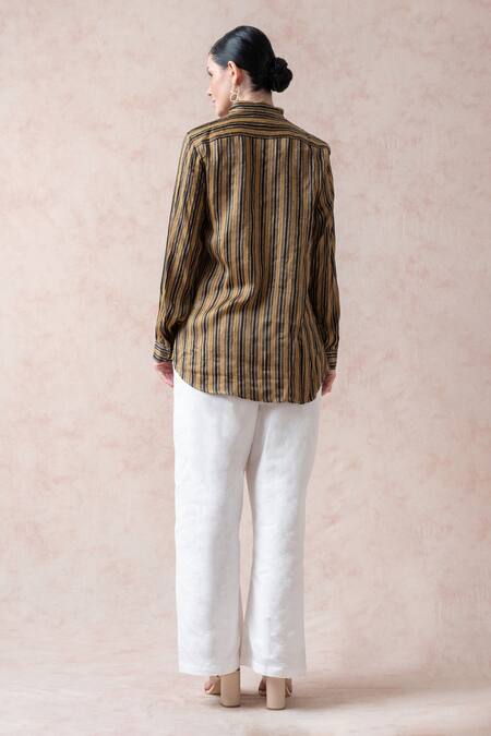 Shop Thetaa Gold Satin, Silk Collared Stripe Print Shirt at Aza Fashions Shop_Thetaa_Gold Satin, Silk Collared Stripe Print Shirt_at_Aza_Fashions