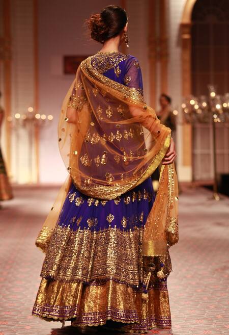 Shop_Preeti S Kapoor_Blue Dupatta Net, Lehenga Silk Jacket Gota Work V Neck Embroidered Set _at_Aza_Fashions