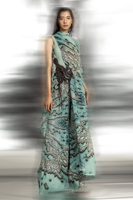 Shop Abhishek Sharma Green Polyester Lace, Embroidery High Neck Reef Print Asymmetric Draped Top at Aza Fashions Shop_Abhishek Sharma_Green Polyester Lace, Embroidery High Neck Reef Print Asymmetric Draped Top _at_Aza_Fashions