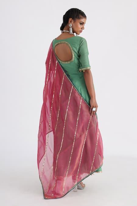 Shop Smriti By Anju Agarwal Green Silk, Taffeta, Bamboo, Tissue Embroidery, Sequins V-neck Anarkali Set at Aza Fashions Shop_Smriti By Anju Agarwal_Green Silk, Taffeta, Bamboo, Tissue Embroidery, Sequins V-neck Anarkali Set _at_Aza_Fashions