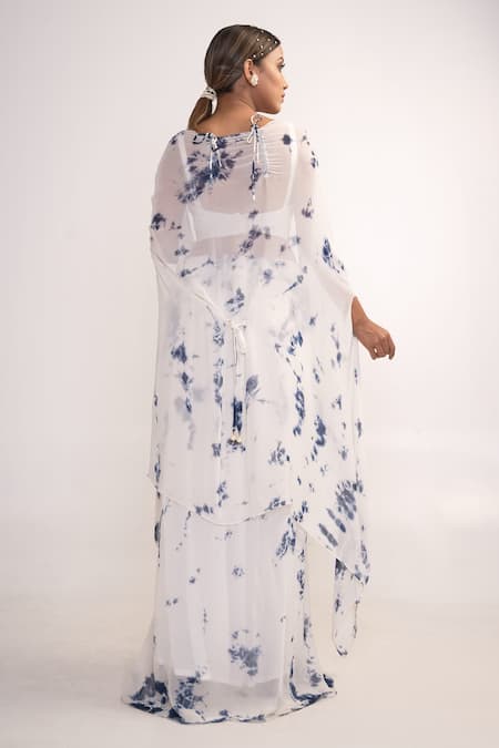 Shop_Merge Design_White Georgette, Crepe Pearls Scoop Neck, Open Tie Dye Shrug And Flared Pant Set _at_Aza_Fashions