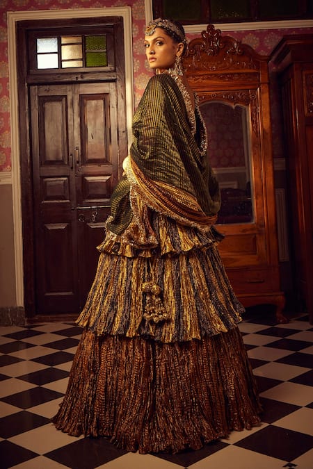 Etasha By Asha Jain Multi Color Textured Tiered Lehenga Set 
