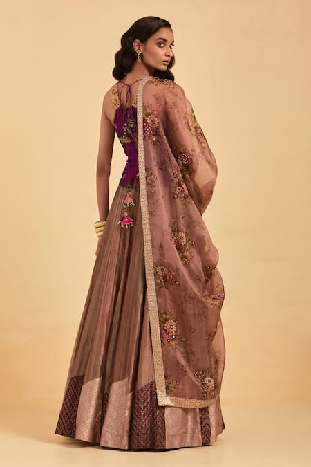 Shop Aum By Asit And Ashima Wine Organza Hand Embroidered And Printed Aari Work & V Neck Flared Lehenga Set at Aza Fashions Shop_Aum By Asit And Ashima_Wine Organza Hand Embroidered And Printed Aari Work & V Neck Flared Lehenga Set _at_Aza_Fashions