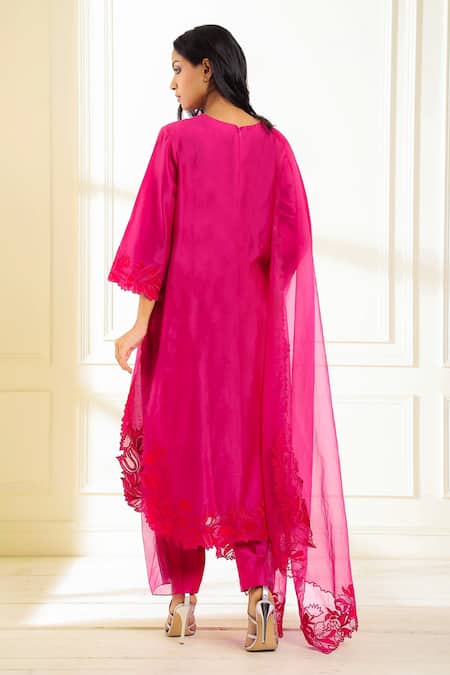 Shop Omana By Ranjana Bothra Pink Chanderi, Organza Applique, Cut Shahin Placement Embroidered Kurta Set at Aza Fashions Shop_Omana By Ranjana Bothra_Pink Chanderi, Organza Applique, Cut Shahin Placement Embroidered Kurta Set _at_Aza_Fashions