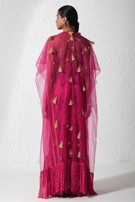 Shop Rishi and Vibhuti Pink Georgette, Silk Tassels, Stones, Frosting Detail Cape And Flared Pant Set at Aza Fashions Shop_Rishi and Vibhuti_Pink Georgette, Silk Tassels, Stones, Frosting Detail Cape And Flared Pant Set _at_Aza_Fashions