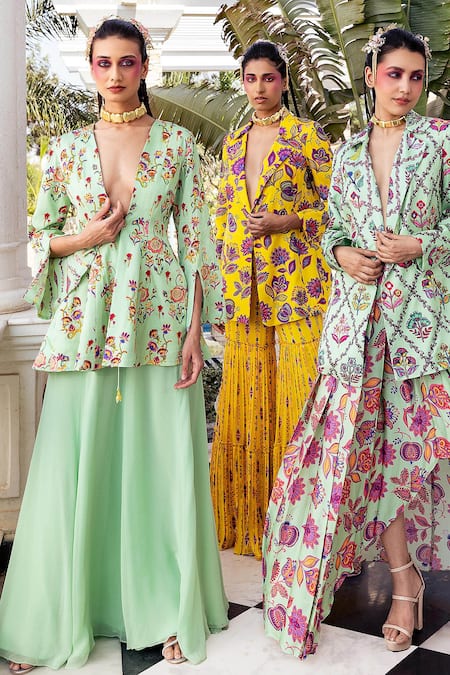 Shop Diyarajvvir Green Modal, Georgette Sequins, Beads, Floral Jaal Pattern Top With Sharara at Aza Fashions Shop_Diyarajvvir_Green Modal, Georgette Sequins, Beads, Floral Jaal Pattern Top With Sharara _at_Aza_Fashions