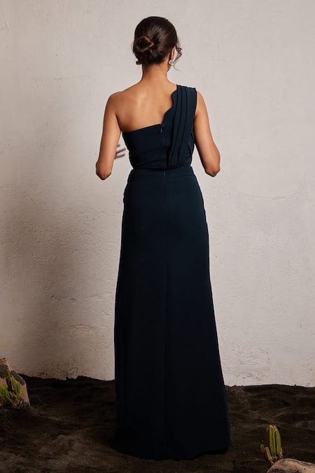 Shop Pocket Stories Black Microfiber Crystals One Shoulder Gown at Aza Fashions Shop_Pocket Stories_Black Microfiber Crystals One Shoulder Gown _at_Aza_Fashions