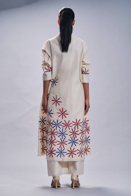 Shop_Taika By Poonam Bhagat_Ivory Chanderi Embroidered Floral Round A-line Tunic Set _at_Aza_Fashions