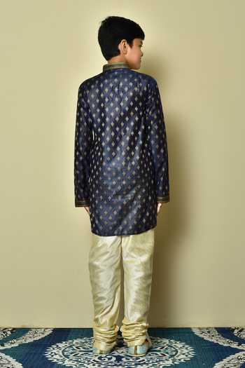 Shop Petite Pomme Blue Denim Embroidery Floral Kurta at Aza Fashions Shop_Petite Pomme_Blue Denim Embroidery Floral Kurta _at_Aza_Fashions