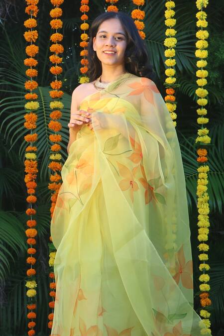 Shop_Meghstudio_Yellow Saree  Organza Hand Painted Daisy Flowers  _at_Aza_Fashions