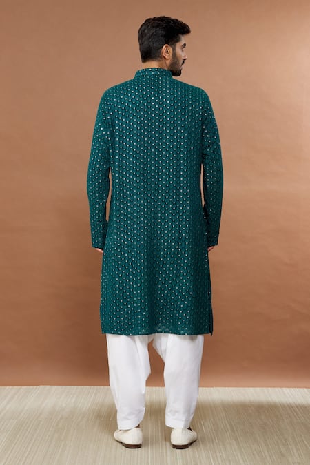 Shop Aham-Vayam Blue Cotton Sequins, Embroidery Nawaab Kurta And Patiala Set at Aza Fashions Shop_Aham-Vayam_Blue Cotton Sequins, Embroidery Nawaab Kurta And Patiala Set_at_Aza_Fashions