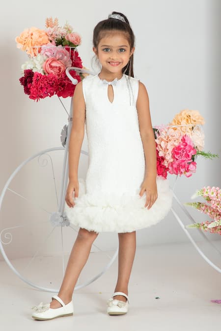 Shop Hoity Moppet White Tulle, Satin Lace Halo There Embroidered Shift Dress at Aza Fashions Shop_Hoity Moppet_White Tulle, Satin Lace Halo There Embroidered Shift Dress _at_Aza_Fashions
