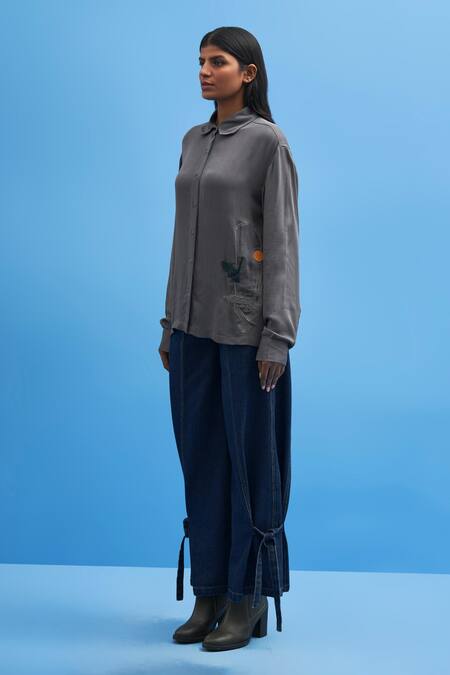 Shop Siddhant Agrawal Grey Cotton, Georgette Embroidery Collared Sutairu Hand Shirt at Aza Fashions Shop_Siddhant Agrawal_Grey Cotton, Georgette Embroidery Collared Sutairu Hand Shirt _at_Aza_Fashions