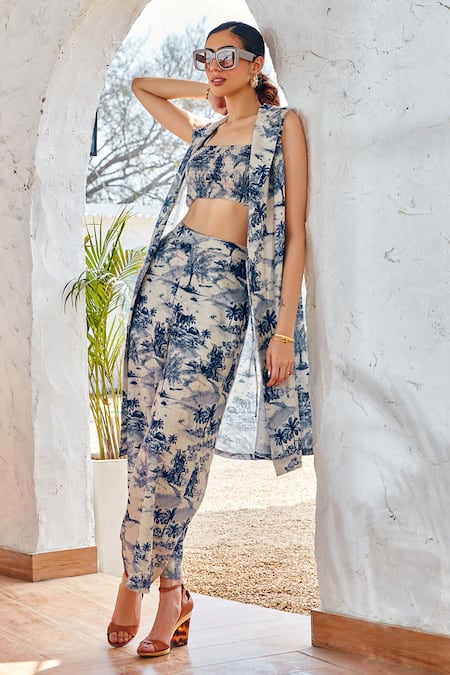 Shop_House Of Fett_White Cotton, Linen Collared, Bandeau Neck Adelle Scenic Pattern Co-ord Set _at_Aza_Fashions
