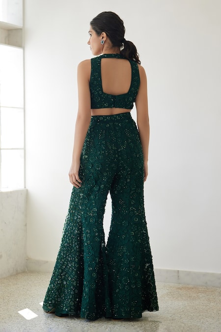 Shop_Mishru_Green Organza Sequins, Beads Paige 3d Floral Embroidered Crop Top And Pant Set _at_Aza_Fashions