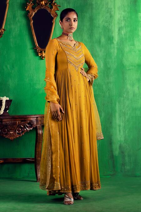 Shop Jigar Mali Yellow Georgette, Organza, Satin Zari, Sequins, Embroidery Split Anarkali Set at Aza Fashions Shop_Jigar Mali_Yellow Georgette, Organza, Satin Zari, Sequins, Embroidery Split Anarkali Set_at_Aza_Fashions
