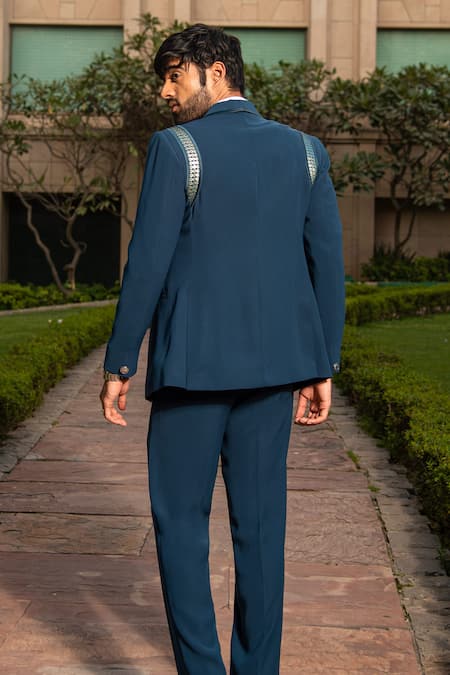 Shop_Soniya G_Blue Chiffon Metallic Thread Embellished Tuxedo Pant Set  _at_Aza_Fashions