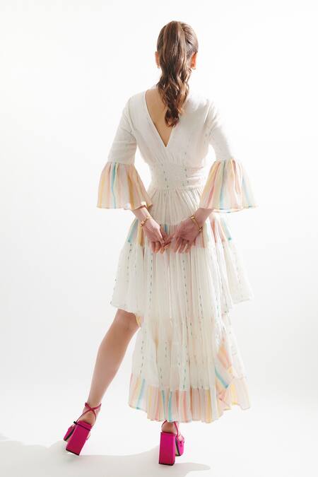 Shop Cin Cin Beige Cotton V-neck Freya High Low Dress at Aza Fashions Shop_Cin Cin_Beige Cotton V-neck Freya High Low Dress_at_Aza_Fashions