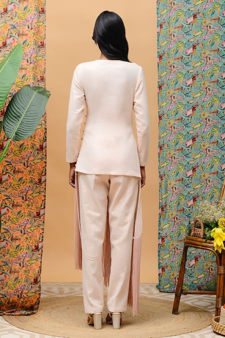 Shop Rishi and Vibhuti Gold Linen V-neck Tinsel Fringe Detail Jacket Pant Set at Aza Fashions Shop_Rishi and Vibhuti_Gold Linen V-neck Tinsel Fringe Detail Jacket Pant Set _at_Aza_Fashions