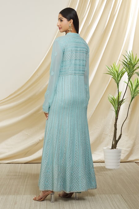 Shop Peenacolada Blue Georgette, Chiffon Embroidery Bandeau Leaf Resham Anarkali With Dupatta at Aza Fashions Shop_Peenacolada_Blue Georgette, Chiffon Embroidery Bandeau Leaf Resham Anarkali With Dupatta _at_Aza_Fashions