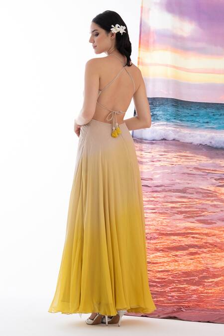 Shop_AMRTA by GUNEET KONDAL_Off White Viscose, Georgette Halter Neck Ombre Gown _at_Aza_Fashions