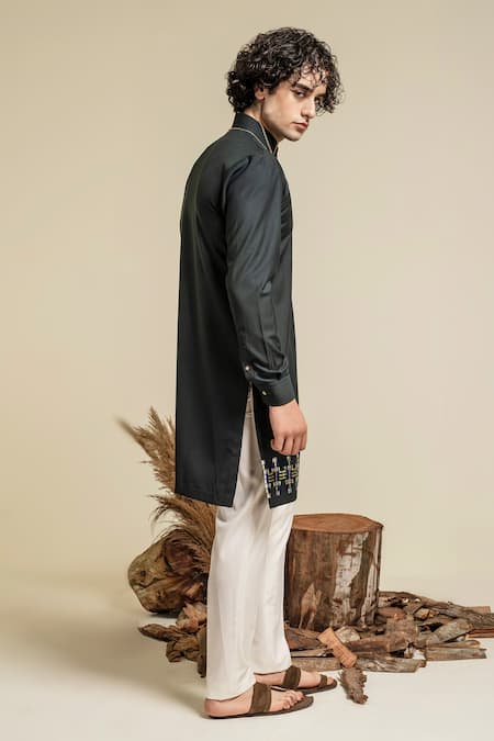 Shop Abkasa Green Kurta Terry Rayon Hand Embroidered Border And Pyjama Set at Aza Fashions Shop_Abkasa_Green Kurta Terry Rayon Hand Embroidered Border And Pyjama Set _at_Aza_Fashions