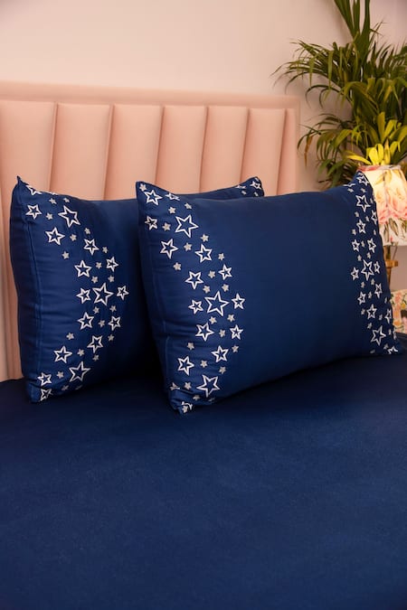 Shop LA Paloma Blue 100% Tencel Embroidered Solid Bedsheet Set at Aza Fashions Shop_LA Paloma_Blue 100% Tencel Embroidered Solid Bedsheet Set_at_Aza_Fashions