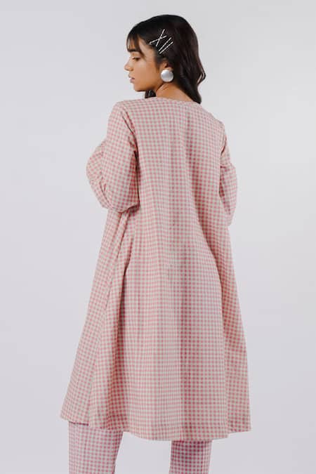 Shop Tussah By Siddhi Shah Pink Cotton Printed Checkered Round Kurta at Aza Fashions Shop_Tussah By Siddhi Shah_Pink Cotton Printed Checkered Round Kurta _at_Aza_Fashions