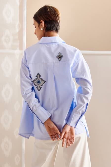 Shop Bunka Blue Cotton Embroidered Sequin Work Spread Collar Nina Ikat Shirt at Aza Fashions Shop_Bunka_Blue Cotton Embroidered Sequin Work Spread Collar Nina Ikat Shirt _at_Aza_Fashions