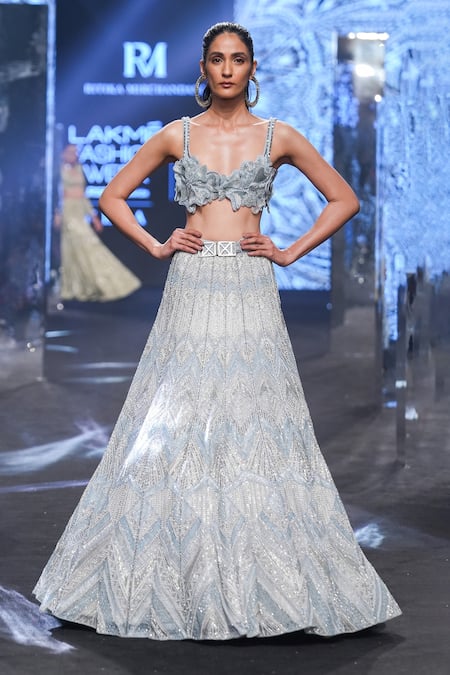 Shop Ritika Mirchandani Blue Net, Crepe, Georgette Beads, Tissa Applique Blouse Bridal Lehenga Set at Aza Fashions Shop_Ritika Mirchandani_Blue Net, Crepe, Georgette Beads, Tissa Applique Blouse Bridal Lehenga Set _at_Aza_Fashions
