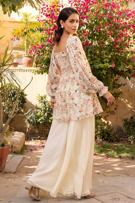 Shop Suruchi Parakh White Georgette, Crepe Square Neck Botanical Print Top And Flared Pant Set at Aza Fashions Shop_Suruchi Parakh_White Georgette, Crepe Square Neck Botanical Print Top And Flared Pant Set _at_Aza_Fashions