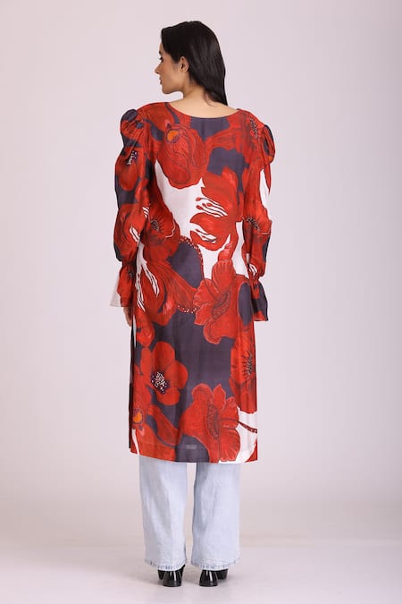 Alpona Designs By Soham Acharya Hibiscus Print Puff Sleeve Dress 