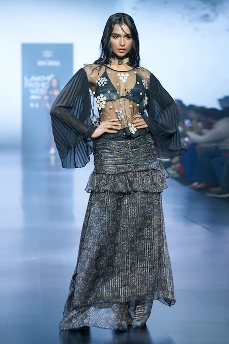 Shop_Rina Dhaka_Black Silk, Chiffon, Lurex, Tulle Embroidery Round Sheer Top And Printed Skirt Set _at_Aza_Fashions